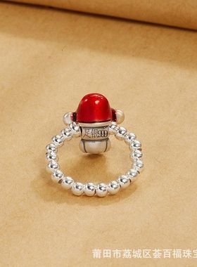 足银S999小财神戒指指环珠宝众设计银珠新年钻石彩色滴胶弹力