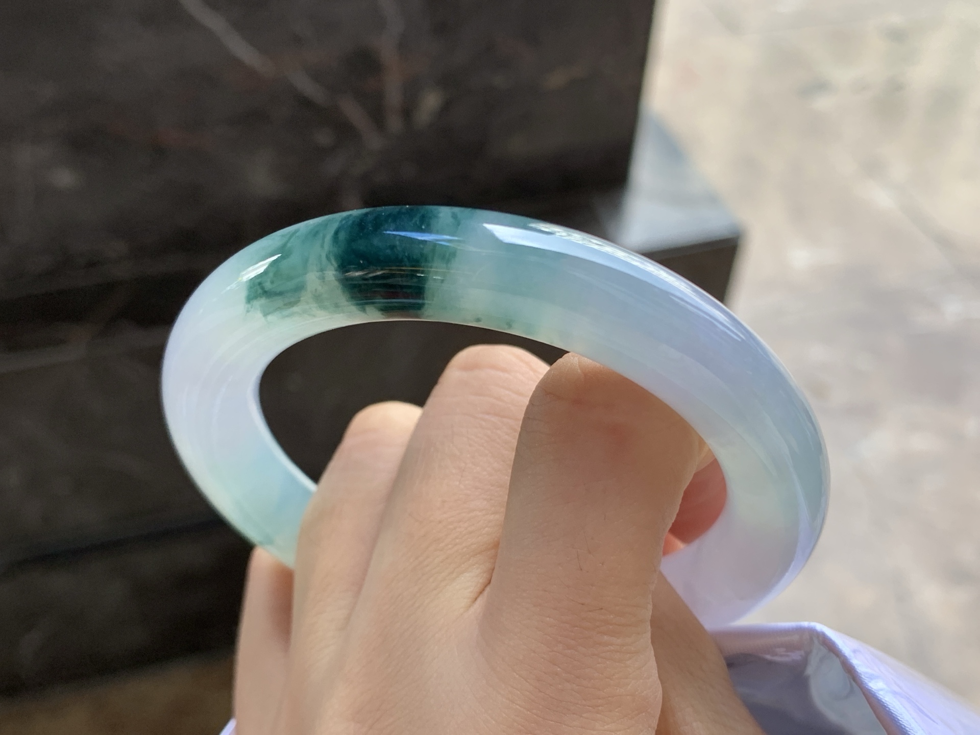 翡翠冰种蓝花圆条手镯 圈口57 - 图3