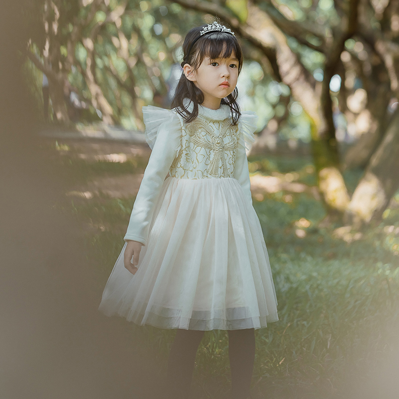 韩国女童连衣裙秋冬裙加绒加厚白色小女孩花童裙子纱裙儿童公主裙