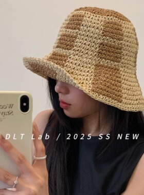 DLT Lab丁老头2025春夏新品韩国ins格子草编渔夫帽大檐显脸小盆帽