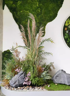 假绿植草丛造景室内角落仿真大小石头景观摆件过道软装饰墙边植物