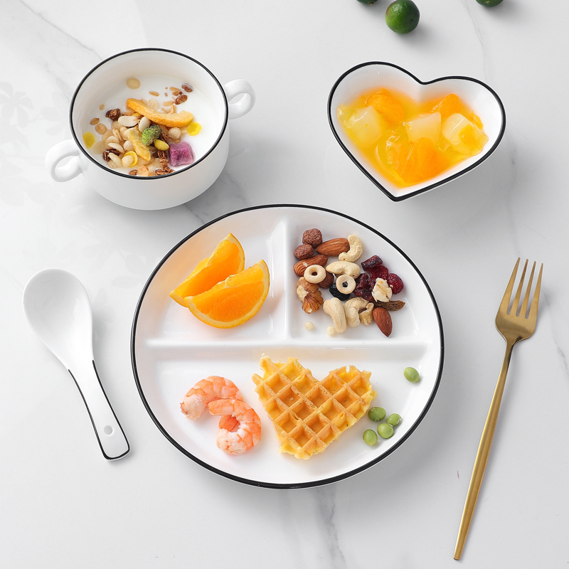 陶瓷盘子一人食家用早餐盘快餐店饭盘三格分餐盘碟子汤碗餐具套装,淘宝优惠券,粉丝福利购,淘宝优惠卷