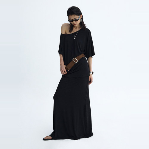 ourhour 前片抽褶 黑色极简无腰设计垂感半身长裙 女夏设计感薄裙 - 图0