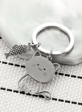 新款日系猫咪吃鱼不锈钢钥匙扣可爱卡通猫猫挂饰情侣钥匙链