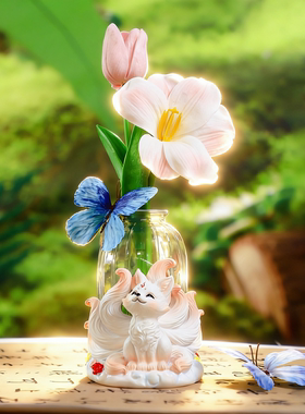 新中式九尾狐玻璃花瓶摆件