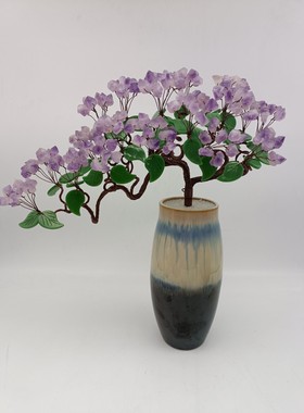 天然原矿紫晶迎客松水晶树！硕果累累陶瓷瓶！紫气东来好运连绵