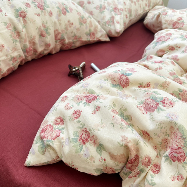 Encounter Rose Class A Cotton Four-Piece Set Double-Layer Yarn Aerobic Floral Bedding Quilt Cover Bedding Sheet Student Three 4 Four-Piece Set