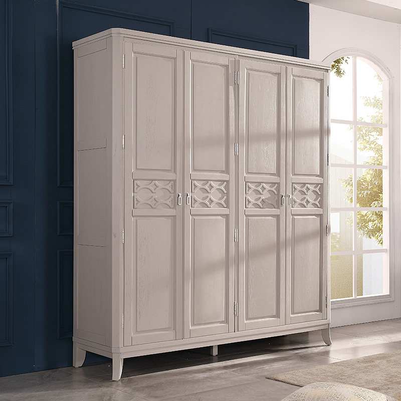 美式轻奢浅灰色红橡木实木三门四门衣柜卧室开门大衣橱1.5米1.9米 - 图0