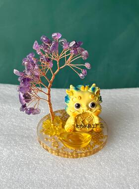 天然黄水晶发财树招财貔貅摆件