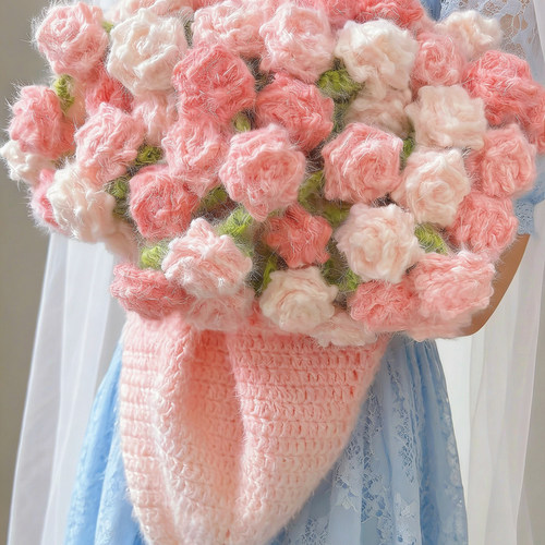 梦幻渐变尖角玫瑰花束毯子手工编织钩针材料包diy毛线长绒线自制 - 图1