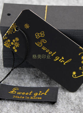 韩文服装吊牌领标配套现货  高档烫金圆角吊牌现货设计印刷订做