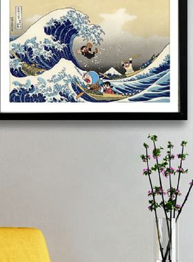 日式神奈川冲浪里挂画居酒屋餐厅装饰画浮世绘哆啦A梦儿童房壁画