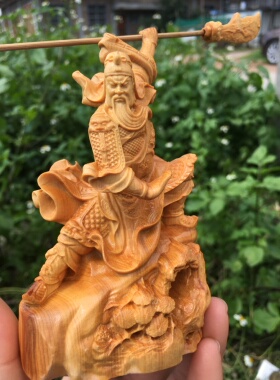 精品黄杨木跨步关公小摆件镇宅车载汽车木雕车内木实木关羽供奉