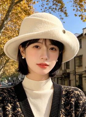 2026赫本风法式赫本风千金礼帽女秋冬优雅显脸小百搭卷边渔夫盆帽