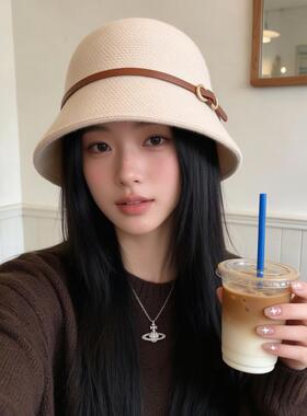 韩系气质皮带扣针织渔夫帽女秋冬新款遮脸水桶帽复古显瘦百搭盆帽