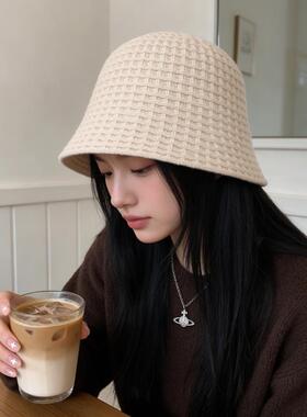 华夫格针织渔夫帽女秋冬韩系百搭水桶帽软糯保暖显脸小纯色盆帽子