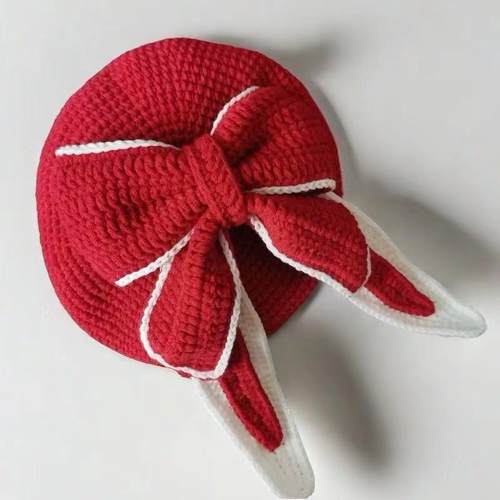 兔耳朵蝴蝶结贝雷帽手工diy女款儿童成人毛线编织帽子钩针材料包 - 图1