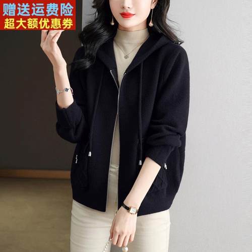 胖mm加大码连帽女士羊绒外套百搭短款开衫女秋冬双面绒羊毛大衣 - 图2