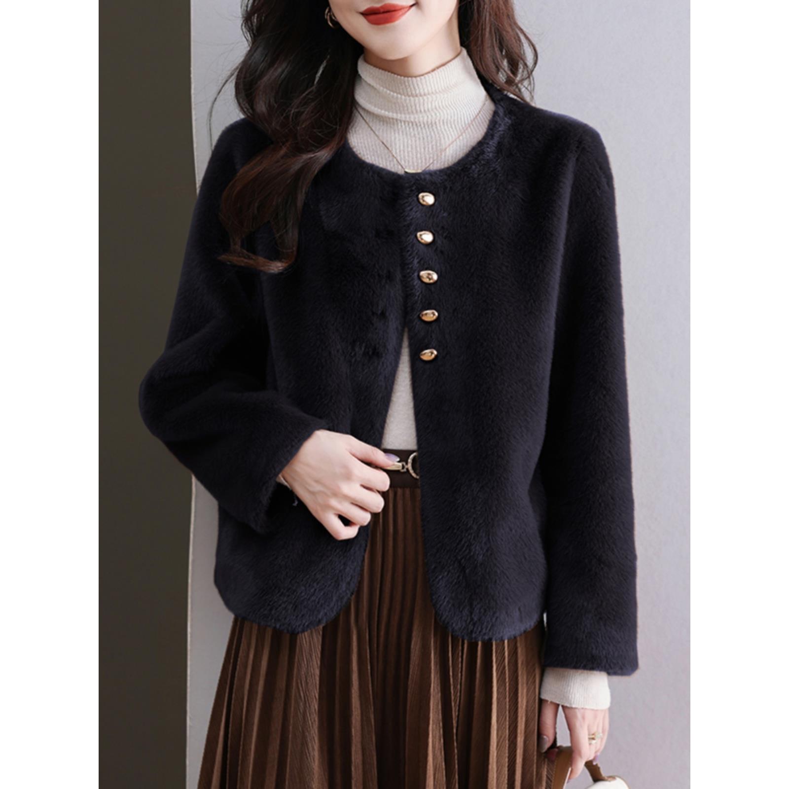 咖色女装高端皮毛一体仿水貂毛绒皮草大衣短款圆领毛绒绒外套秋冬 - 图0