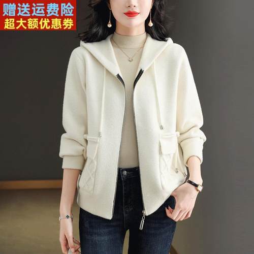 胖mm加大码连帽女士羊绒外套百搭短款开衫女秋冬双面绒羊毛大衣 - 图1