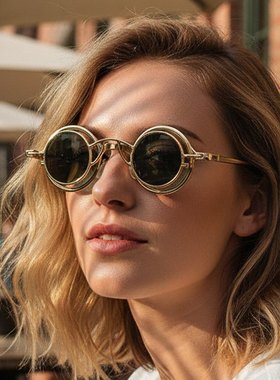 金属小圆框太阳镜双层镜片套镜