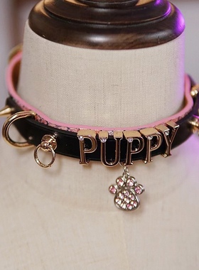 诊疗师手工定制 猫头吊牌可刻字铆钉真皮choker项圈女情侣SM小众