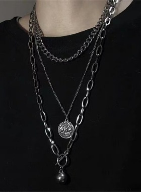 欧美冷淡风嘻哈三层叠戴项链金属球吊坠项链简约气质毛衣链