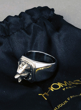 法国设计师风狼头方形印章戒指