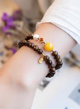 风禾木质手串女款奇楠沉香古法手链蜜蜡南红串珠福牌檀香念珠礼物