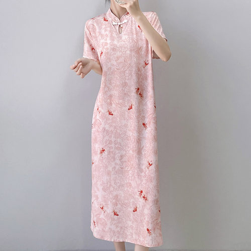 新中式国风睡裙女夏季薄款棉绸宽松大码可外穿中长裙旗袍款家居服 - 图0