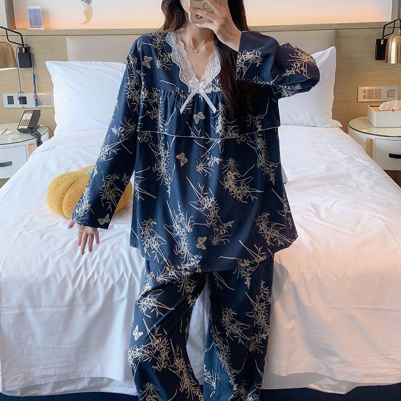 睡衣女春秋款防凸点长袖蕾丝花边甜美公主风可外穿绵绸家居服套装 - 图3
