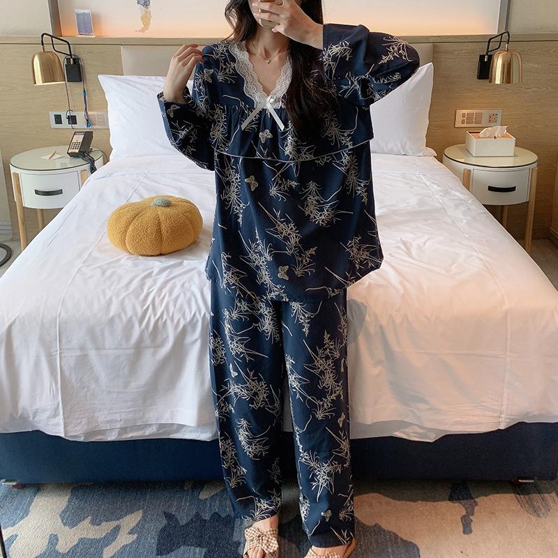 睡衣女春秋款防凸点长袖蕾丝花边甜美公主风可外穿绵绸家居服套装 - 图2