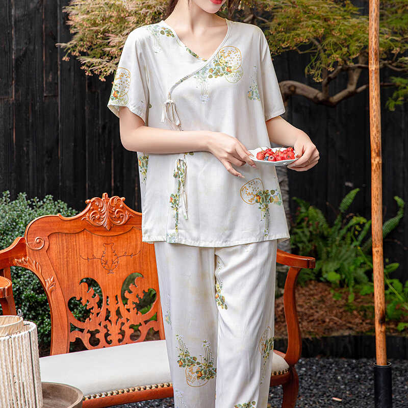 新中式棉绸女夏季棉绸短袖八分裤新款家居服中老年妈妈款睡衣套装