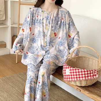 2024 New Pajamas for Women Spring and Autumn Cotton Silk Cotton Home Clothes National Style Can be Weared Outside Confinement Clothes Cotton Silk Suit