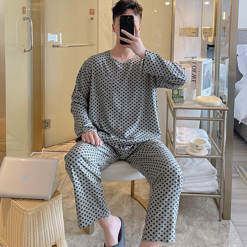 男士睡衣春秋夏季长袖格子款男款青少年可外穿大码棉绸家居服套装 - 图1