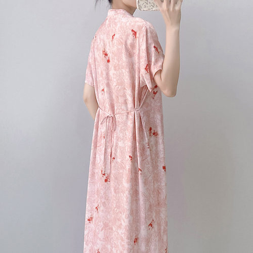 新中式国风睡裙女夏季薄款棉绸宽松大码可外穿中长裙旗袍款家居服 - 图2