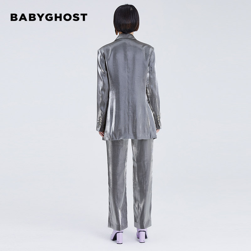 【时装周同款】BABYGHOST春中长款银色亮面西装外衣外套黄龄同款 - 图2