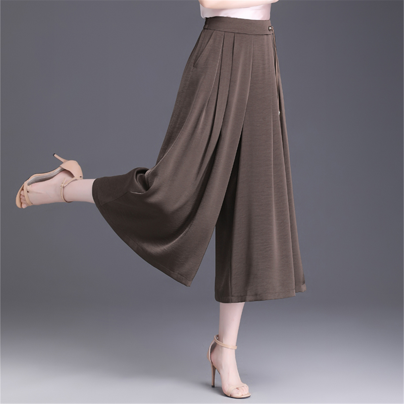 深圳南油女装裙裤宽松显瘦国风醋酸裤子八分裤高腰垂感冰丝阔腿裤 - 图0