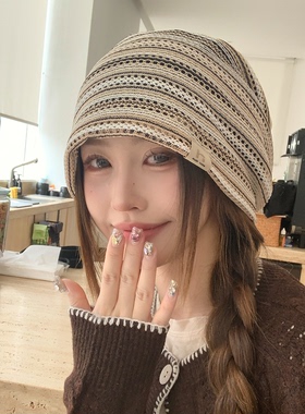秋冬复古彩色条纹显脸小堆堆帽女
