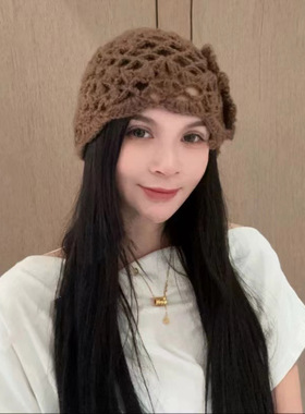 早秋韩系针织镂空钩花包头帽女