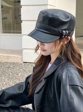 秋冬复古皮质铆钉显脸小马术帽女