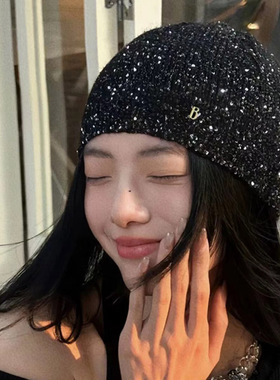 早秋小香风明星同款亮片堆堆帽女