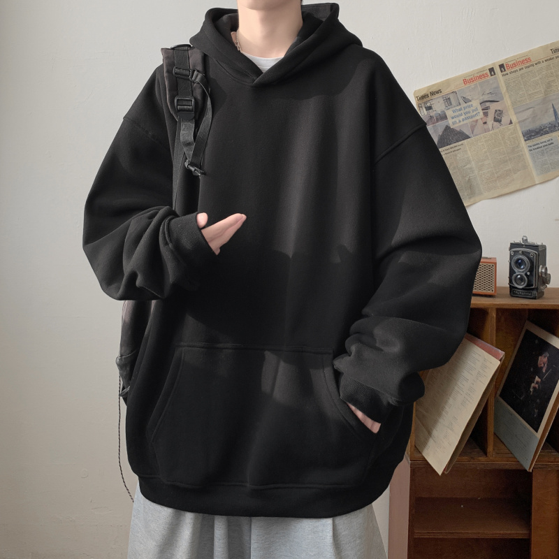 秋冬重磅加绒纯色连帽卫衣男2025新款美式潮牌宽松慵懒风情侣外套 - 图1