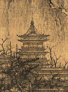 李成晴峦萧寺图玄关装饰画走廊壁画宋元山水画宣纸版画中式风景画