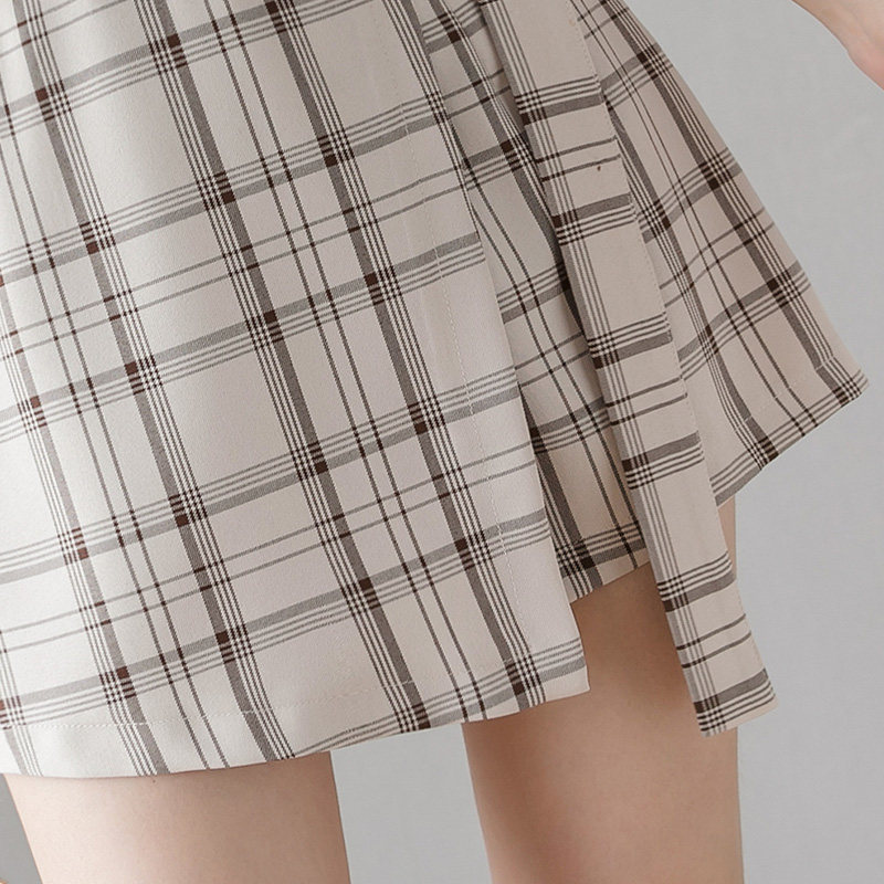 韩版高腰雪纺阔腿女夏复古格子短裤 离题服饰休闲裤