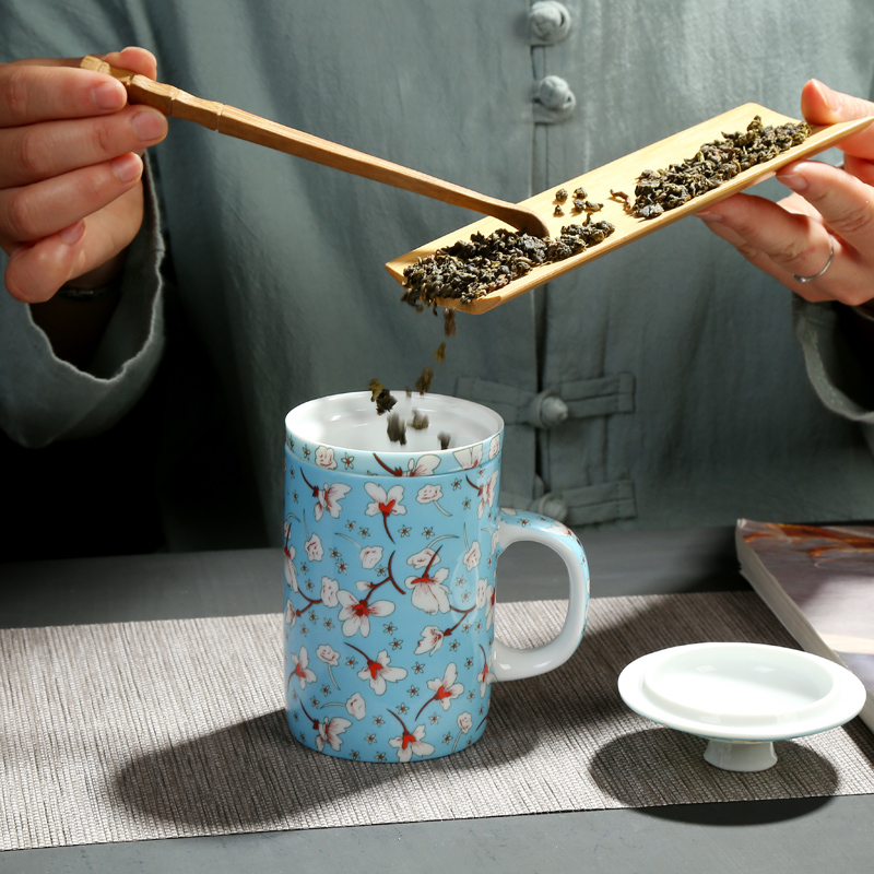 陶瓷茶杯水杯个人杯带过滤内胆三件套杯复古青花瓷泡茶杯会议用杯