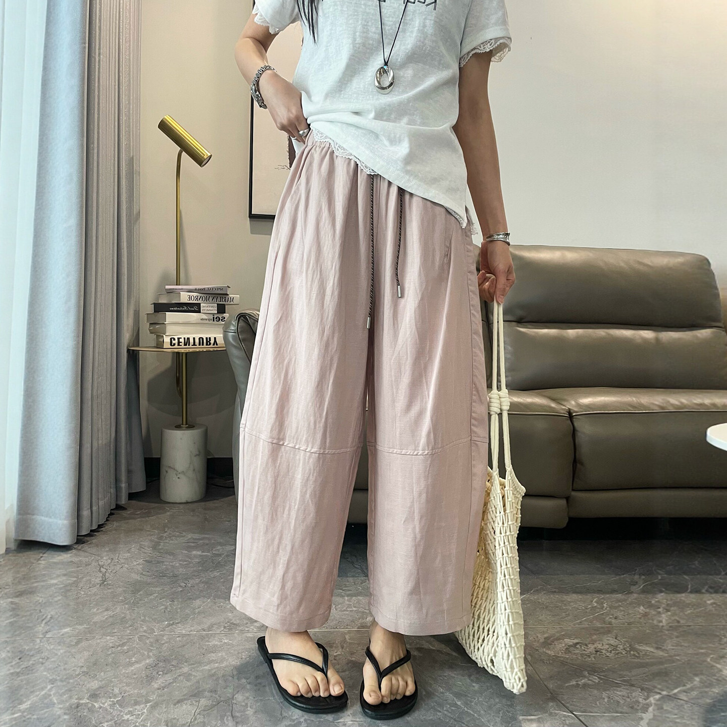 抽绳系带天丝亚麻气球裤女欧洲站2026夏季新款欧货女装休闲裤子潮