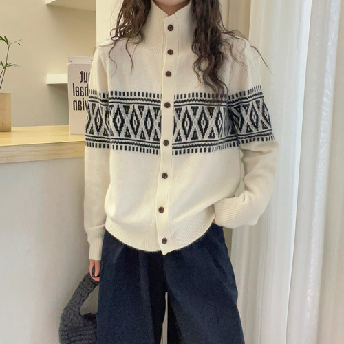 复古提花高领羊绒针织开衫女欧洲站2025冬装新款欧货女装短外套潮 - 图0