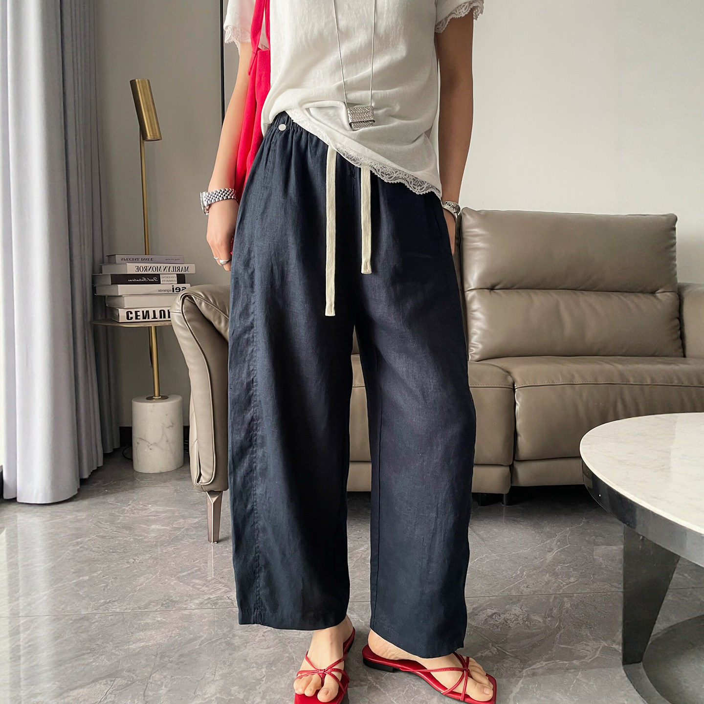 100%天丝亚麻弯刀阔腿裤女欧洲站2026夏季新款欧货女装休闲裤子潮