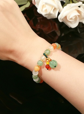 小清新甜美玉石手链女天然三色彩玉老形珠手串南瓜手链民族风配饰